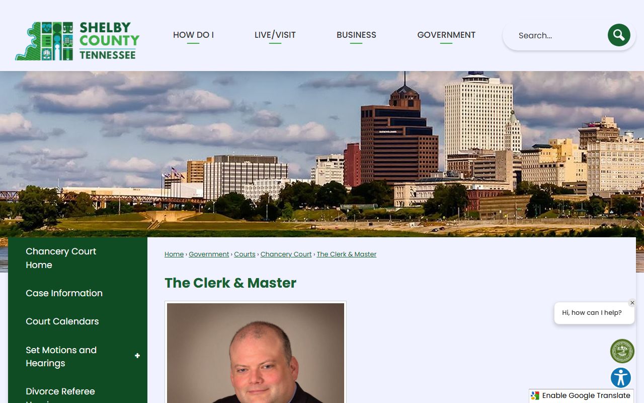 Shelby County Chancery Court Clerk and Master page showing clerk contact and chancery records information