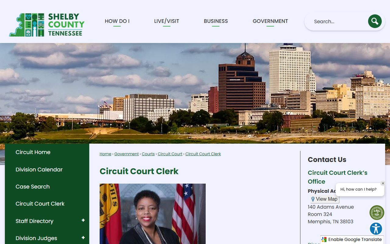 Shelby County Circuit Court Clerk office page showing clerk contact and records information