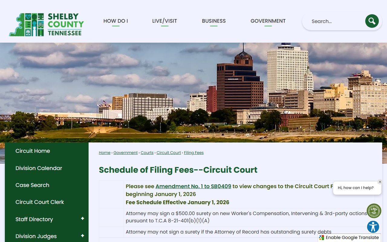 Shelby County Circuit Court filing fees for court records