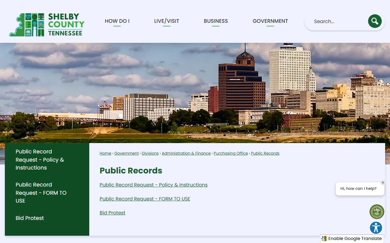 Shelby County public records page for court and administrative records