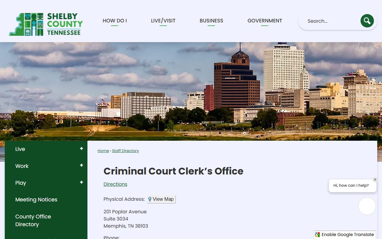 Shelby County Criminal Court Clerk directory showing divisions for arrest records and criminal records
