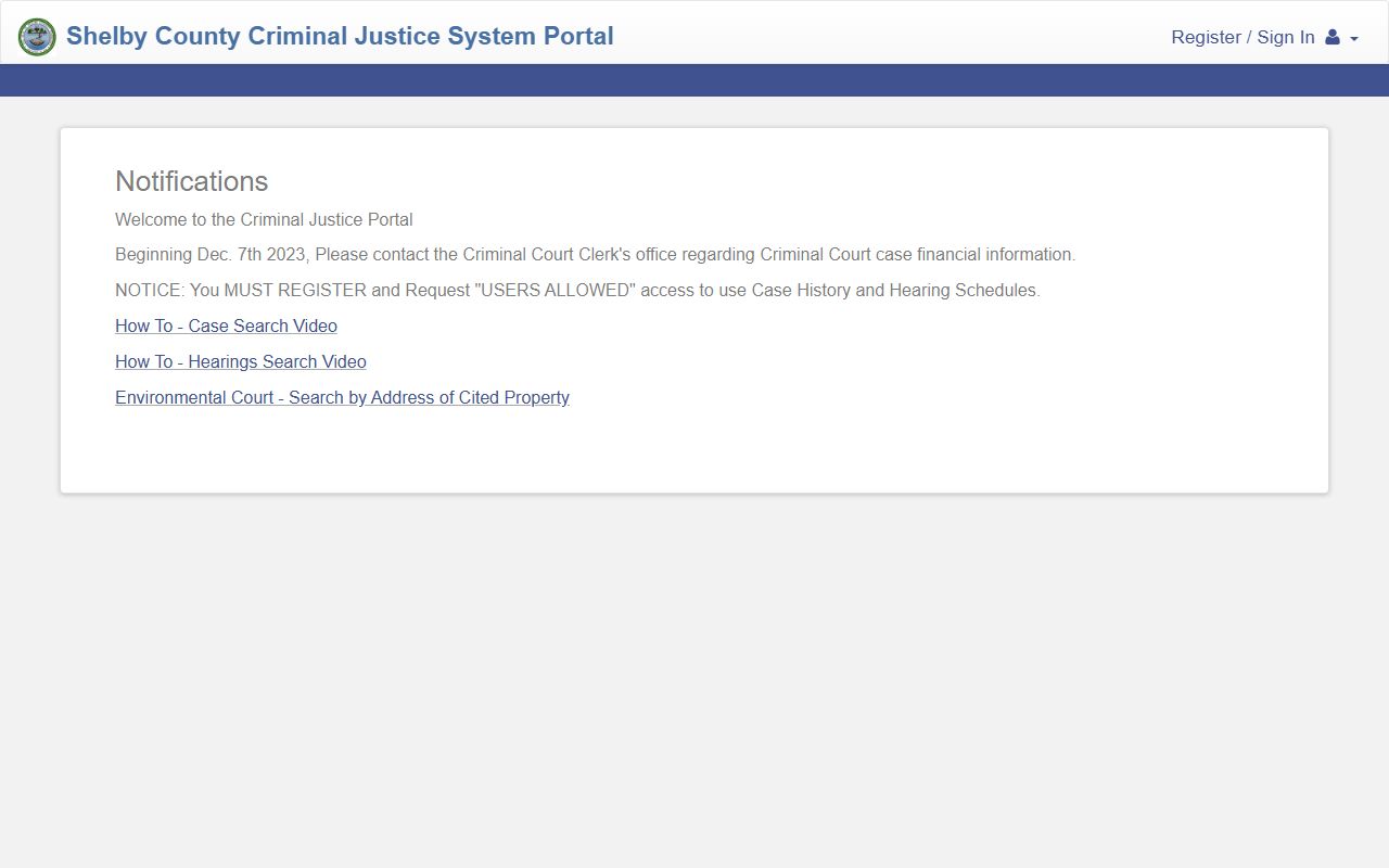 Shelby County Criminal Justice System CJS portal for arrest records and criminal case search
