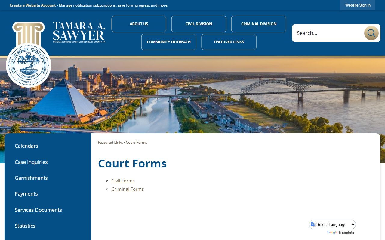 Shelby County General Sessions forms page for court dockets