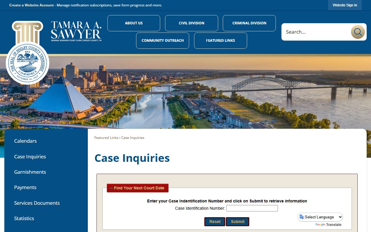 Shelby County General Sessions case inquiry page for court dockets