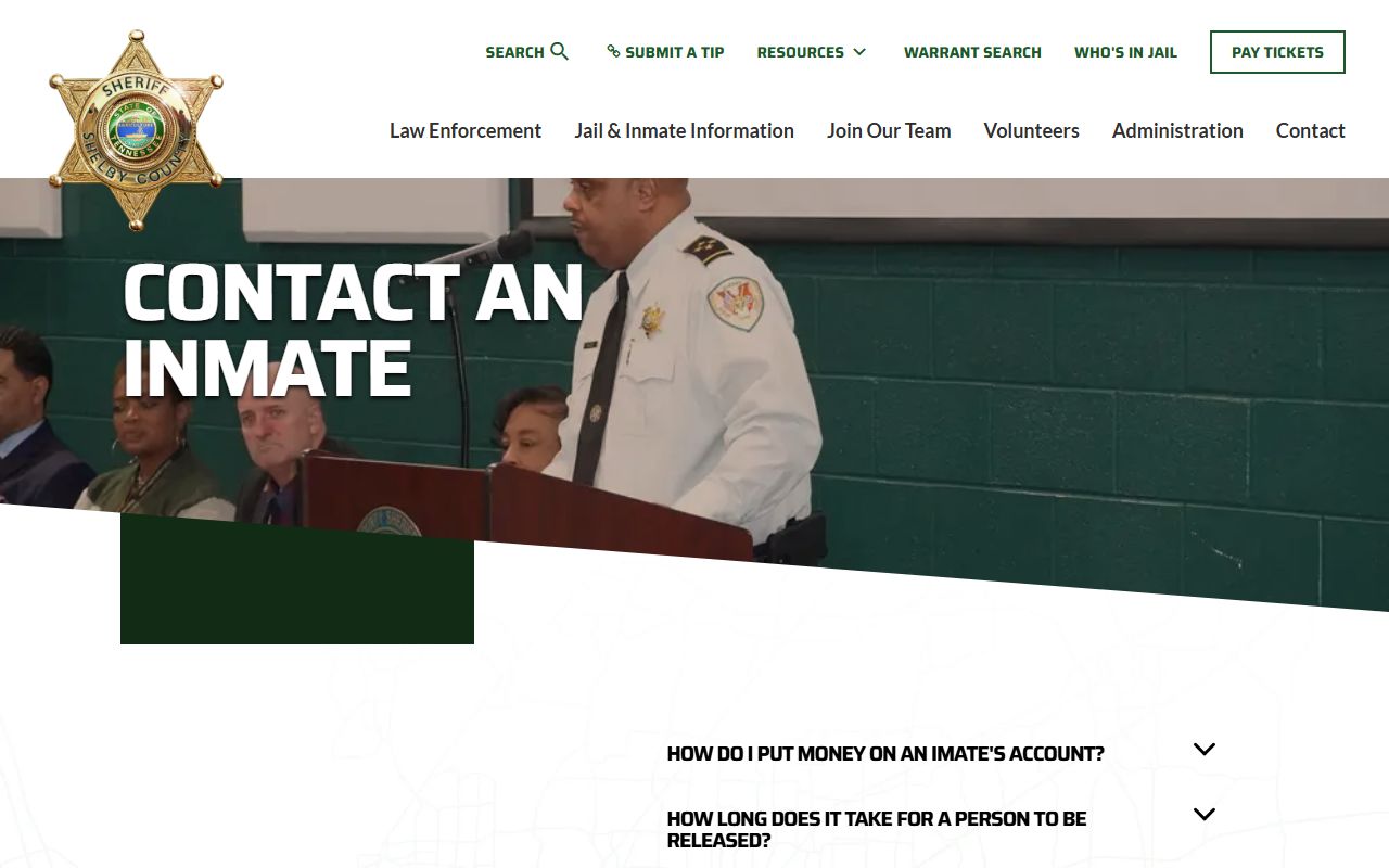 Shelby County Sheriff contact an inmate page for mail and phone rules