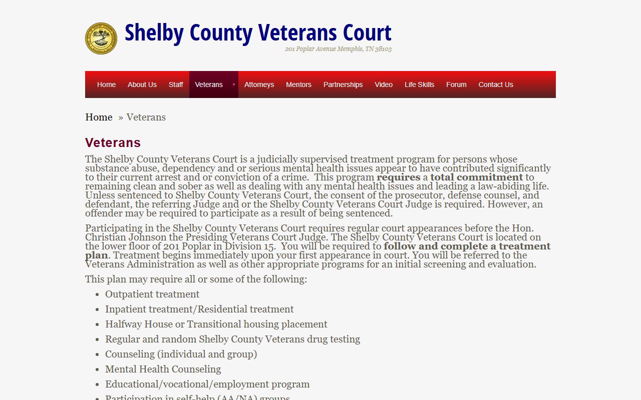 Shelby County Veterans Court program page for specialty court records