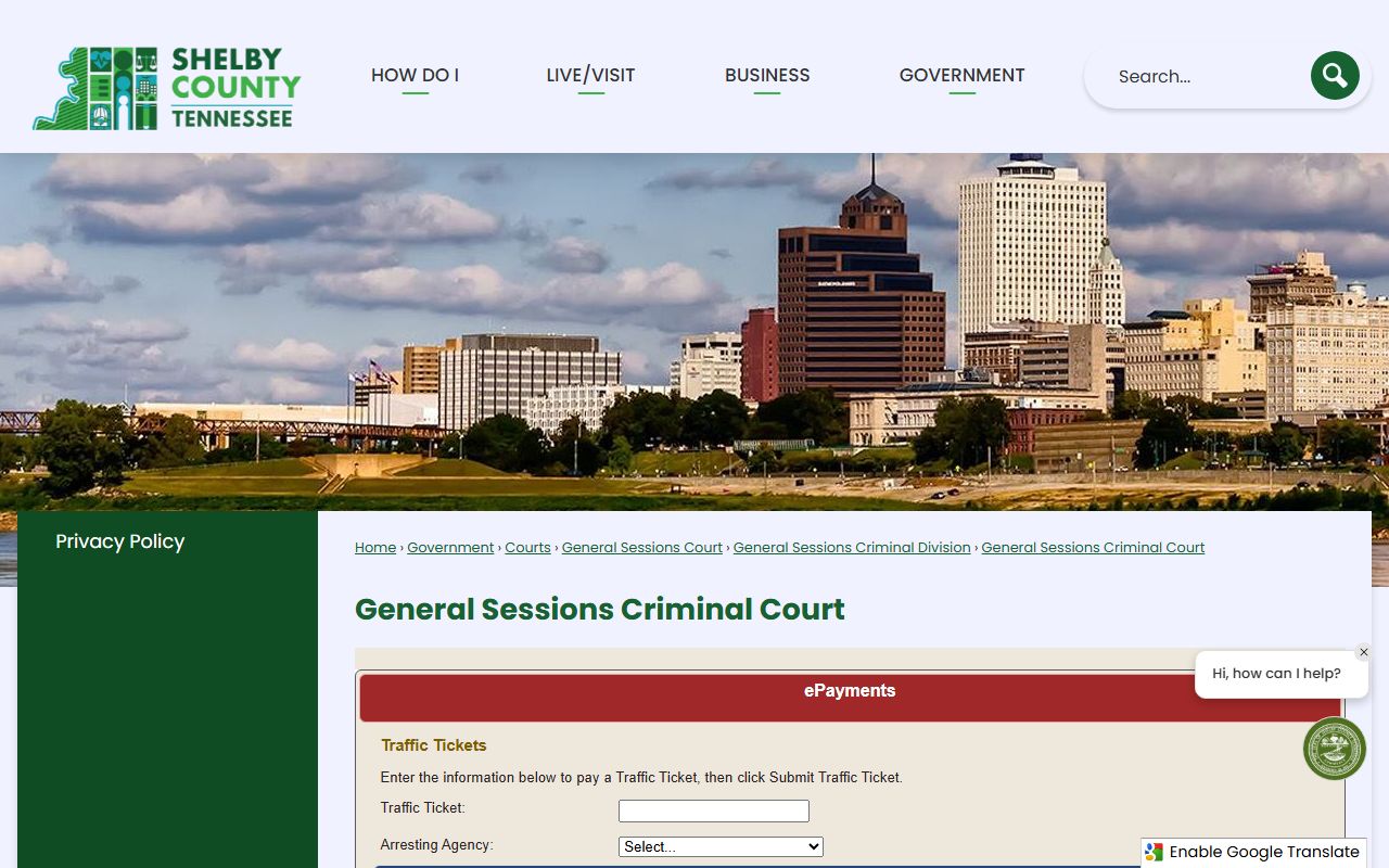 Shelby County General Sessions Criminal Court page for lower court records