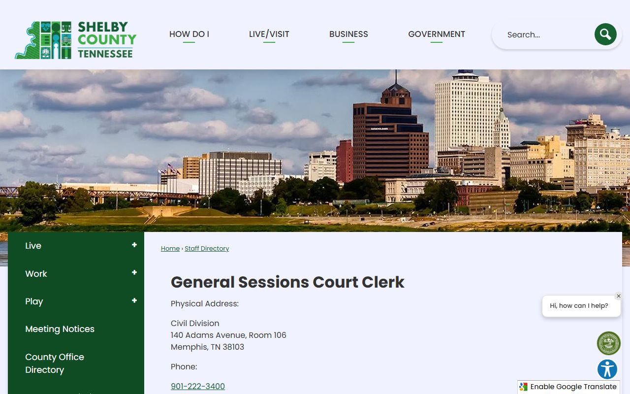 Shelby County General Sessions Court Clerk directory page showing all office locations and clerk contact