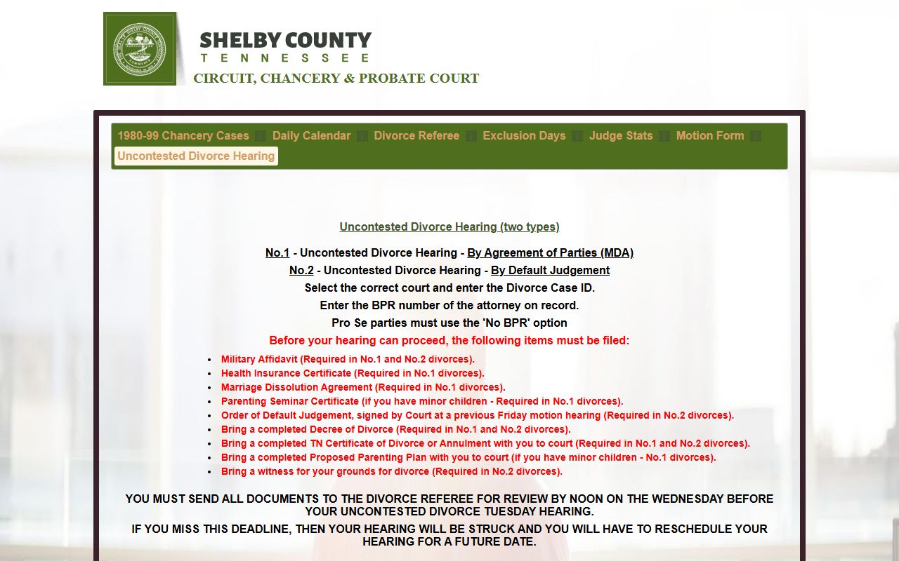 Shelby County marriage and divorce records - Chancery Court uncontested divorce hearing form for scheduling hearings online