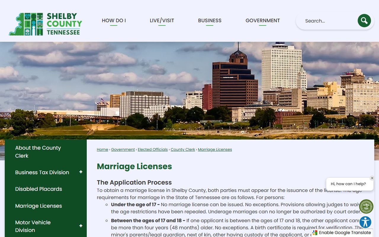 Shelby County marriage and divorce records - County Clerk marriage license page showing requirements and office locations