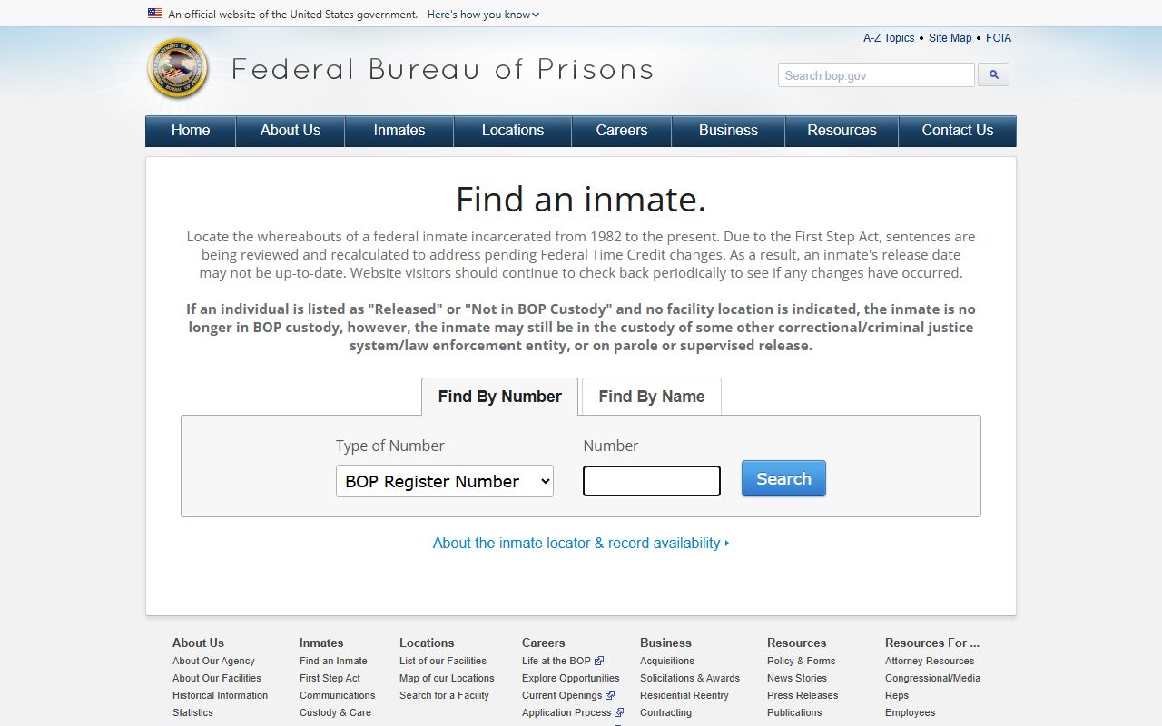 Federal BOP inmate locator search page for Shelby County federal inmates