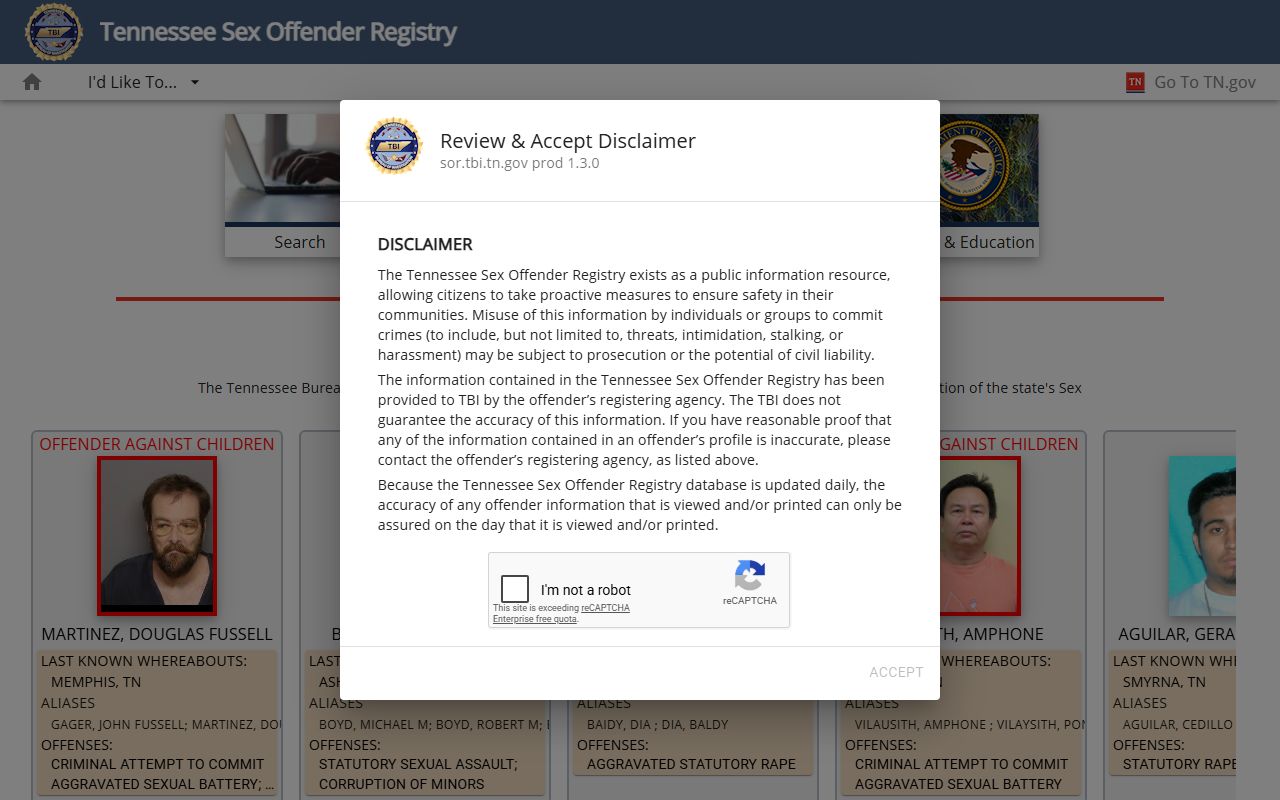 Tennessee TBI sex offender registry search page for Shelby County released inmates