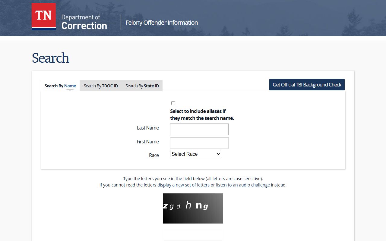 TDOC FOIL felony offender search form for Shelby County released inmates