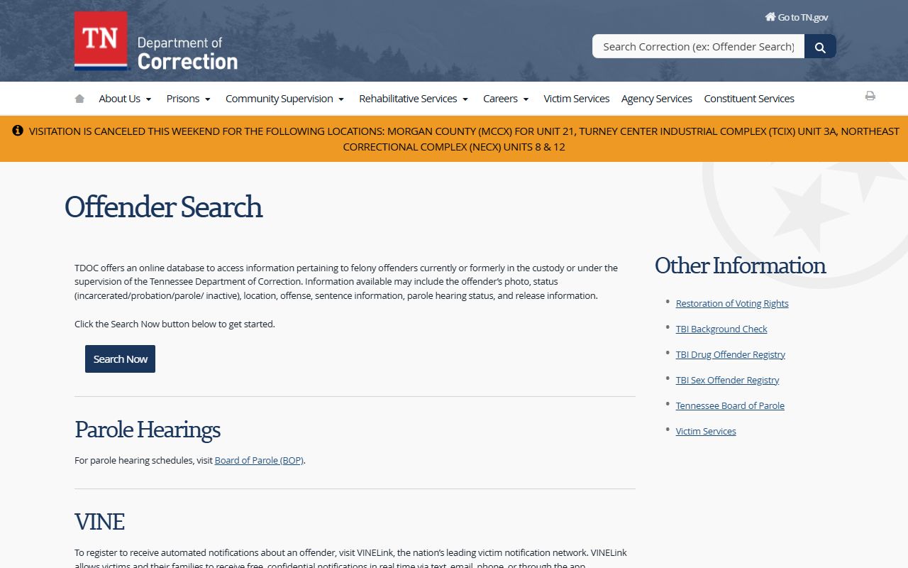 TDOC FOIL information page for Tennessee released inmates and Shelby County offenders