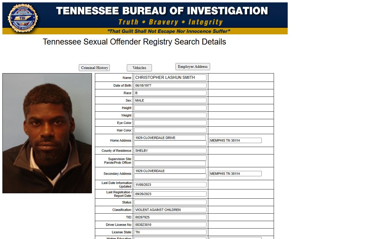 Tennessee sex offender registry portal search interface for Shelby County released offenders