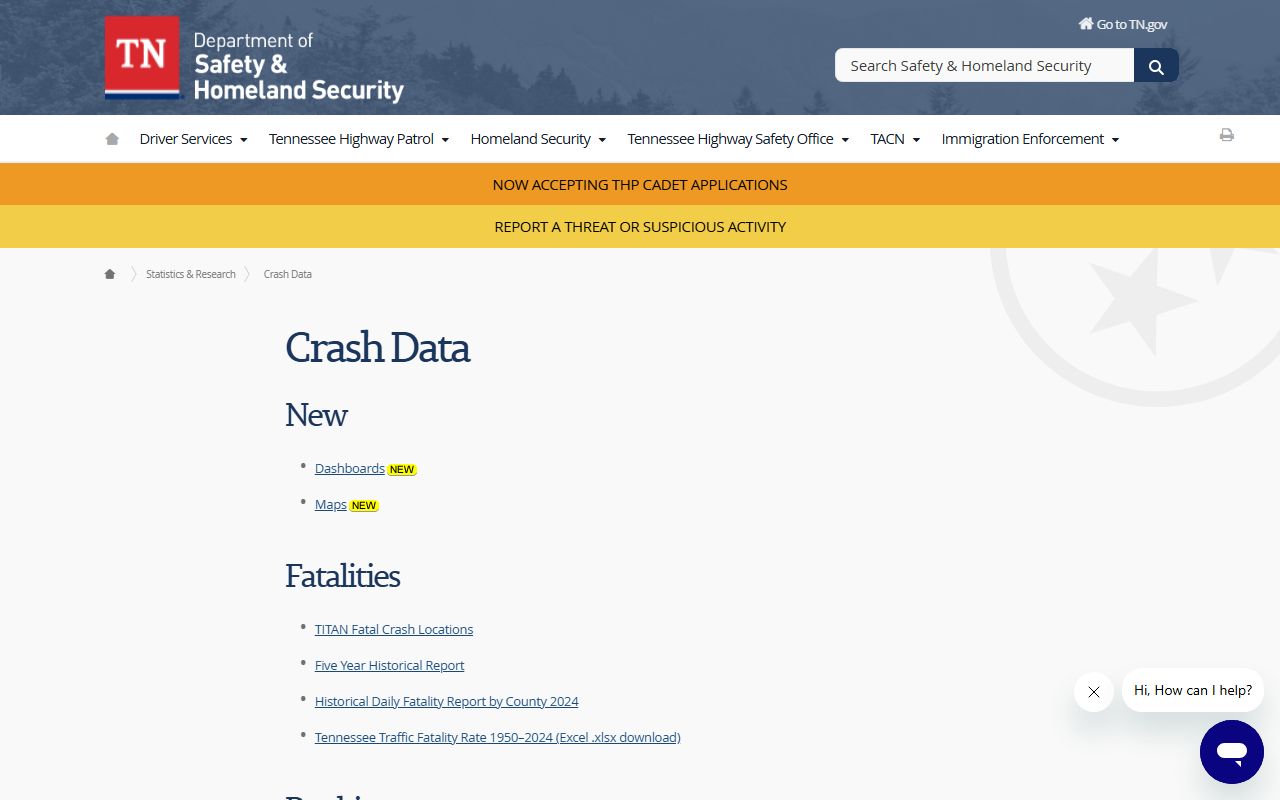 Tennessee crash data page for Shelby County traffic court records research