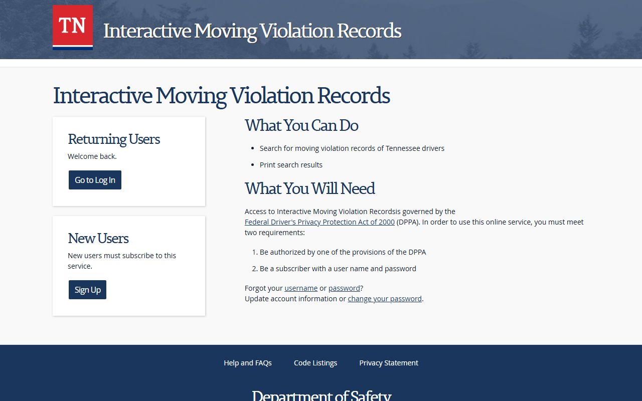 Tennessee Interactive Moving Violation Records portal for Shelby County traffic court records