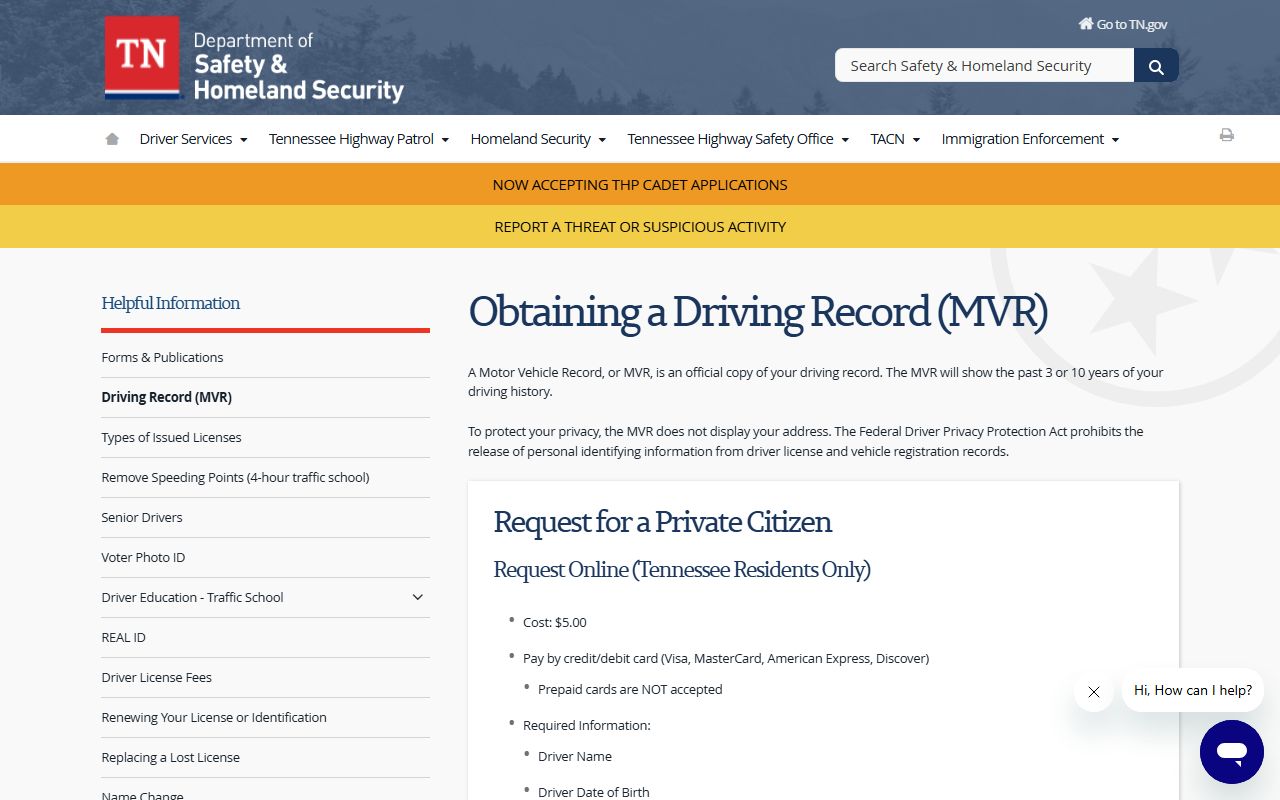 Tennessee Department of Safety MVR page for Shelby County traffic court records