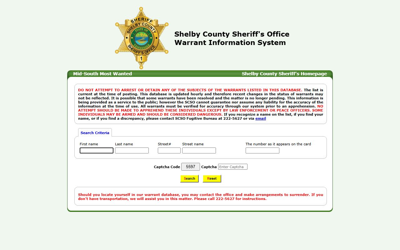 Shelby County Sheriff Warrant Information System search form for active warrant lookup